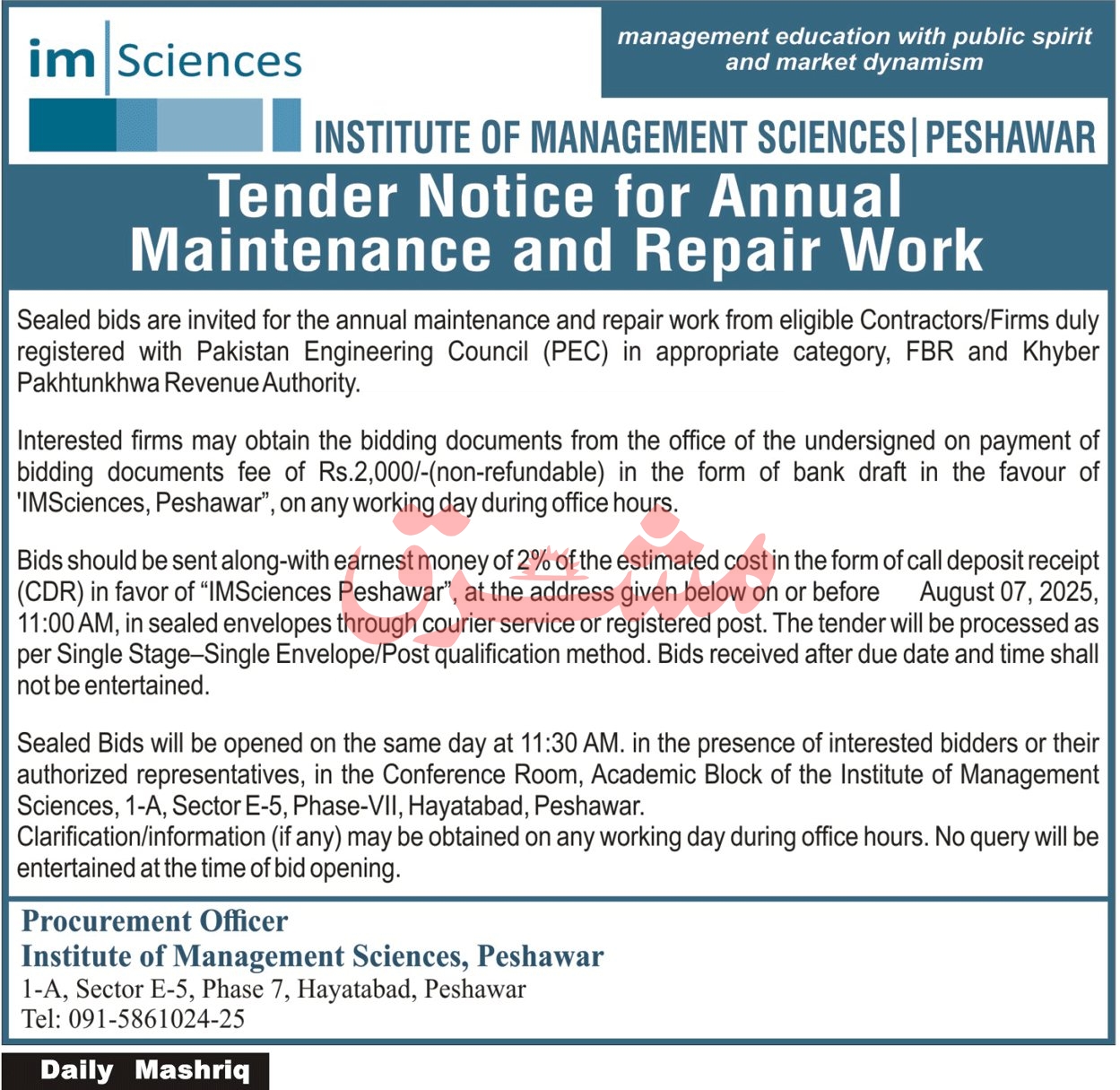 Institute of Management Sciences Peshawar Tender Notice